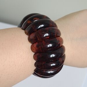 Vintage Chunky Golden Honey Amber Resin Beads Wide Stretch Statement Bracelet